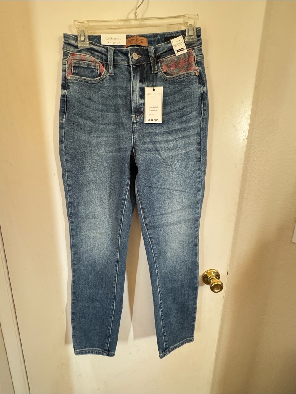 Judy Blue High-Rise Slim Jeans with red plaid Pocket Accent - Women’s Blue